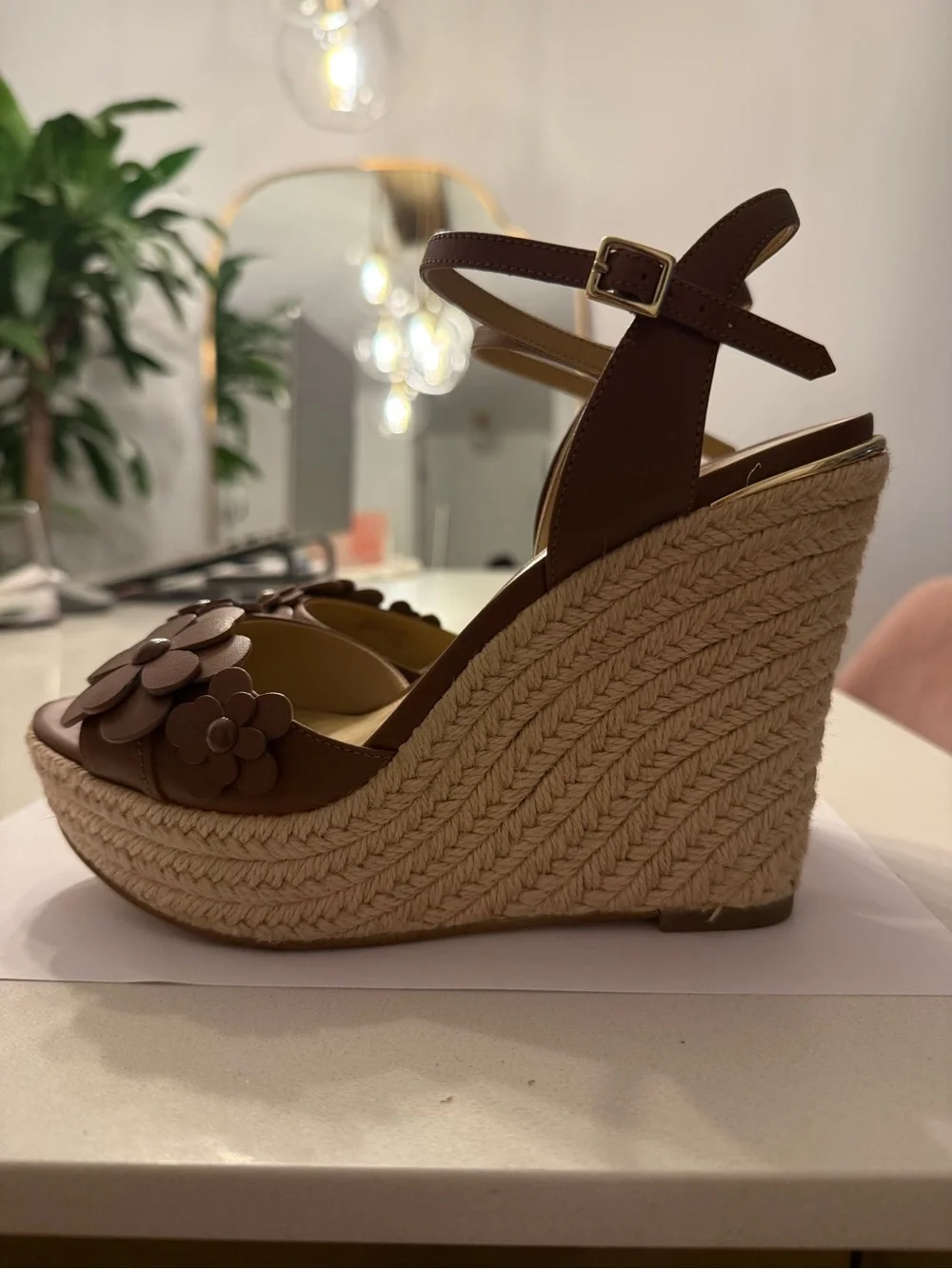 Michael Kors Tan Floral Leather Espadrille Wedge Sandals